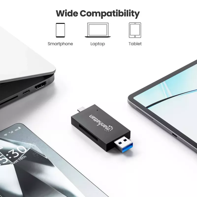 Manhattan USB-A / USB-C combo Multi-Card Reader/Writer, 5 Gbps (USB 3.2 Gen1 aka USB 3.0), Male to microSD and SD/MMC Slots, Mini Format, SuperSpeed USB, Windows or Mac, Melns/Transparent, Three Year Warranty
