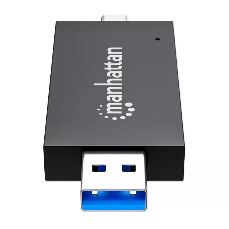 Manhattan USB-A / USB-C combo Multi-Card Reader/Writer, 5 Gbps (USB 3.2 Gen1 aka USB 3.0), Male to microSD and SD/MMC Slots, Mini Format, SuperSpeed USB, Windows or Mac, Melns/Transparent, Three Year Warranty