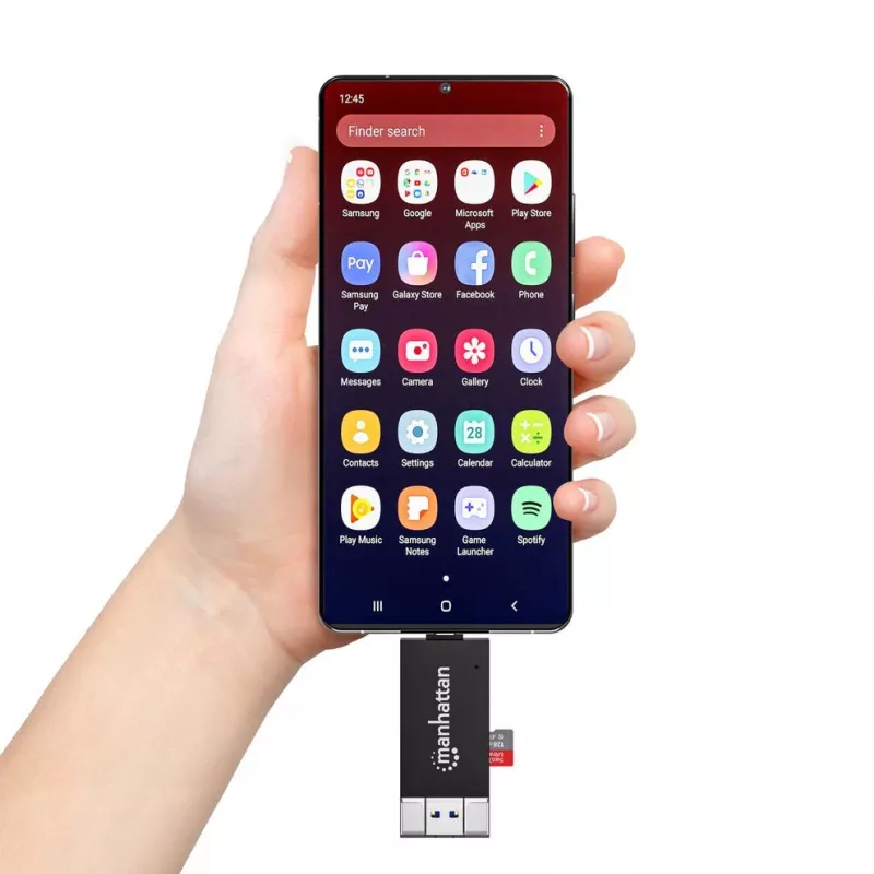 Manhattan USB-A / USB-C combo Multi-Card Reader/Writer, 5 Gbps (USB 3.2 Gen1 aka USB 3.0), Male to microSD and SD/MMC Slots, Mini Format, SuperSpeed USB, Windows or Mac, Melns/Transparent, Three Year Warranty
