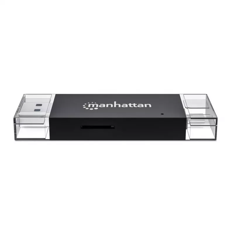 Manhattan USB-A / USB-C combo Multi-Card Reader/Writer, 5 Gbps (USB 3.2 Gen1 aka USB 3.0), Male to microSD and SD/MMC Slots, Mini Format, SuperSpeed USB, Windows or Mac, Melns/Transparent, Three Year Warranty