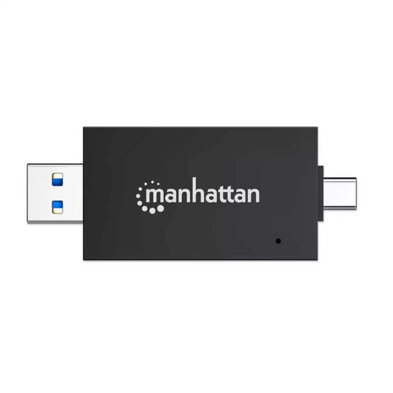 Manhattan USB-A / USB-C combo Multi-Card Reader/Writer, 5 Gbps (USB 3.2 Gen1 aka USB 3.0), Male to microSD and SD/MMC Slots, Mini Format, SuperSpeed USB, Windows or Mac, Melns/Transparent, Three Year Warranty