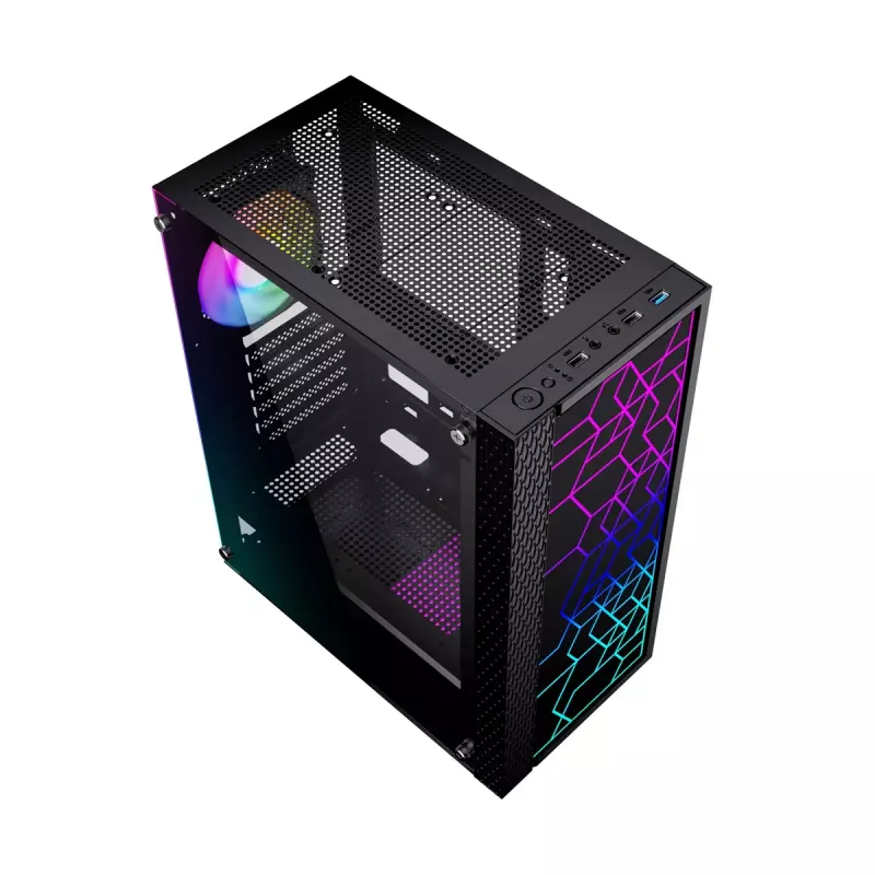 PC korpuss GEMBIRD Fornax 2500 Midi Tornis Melns — ATX/ITX atbalsts, rūdīts stikls, RGB, 3x120mm priekšā, 2x2.5 collu nodalījumi