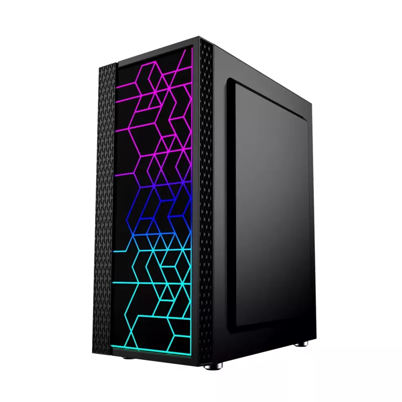 PC korpuss GEMBIRD Fornax 2500 Midi Tornis Melns — ATX/ITX atbalsts, rūdīts stikls, RGB, 3x120mm priekšā, 2x2.5 collu nodalījumi