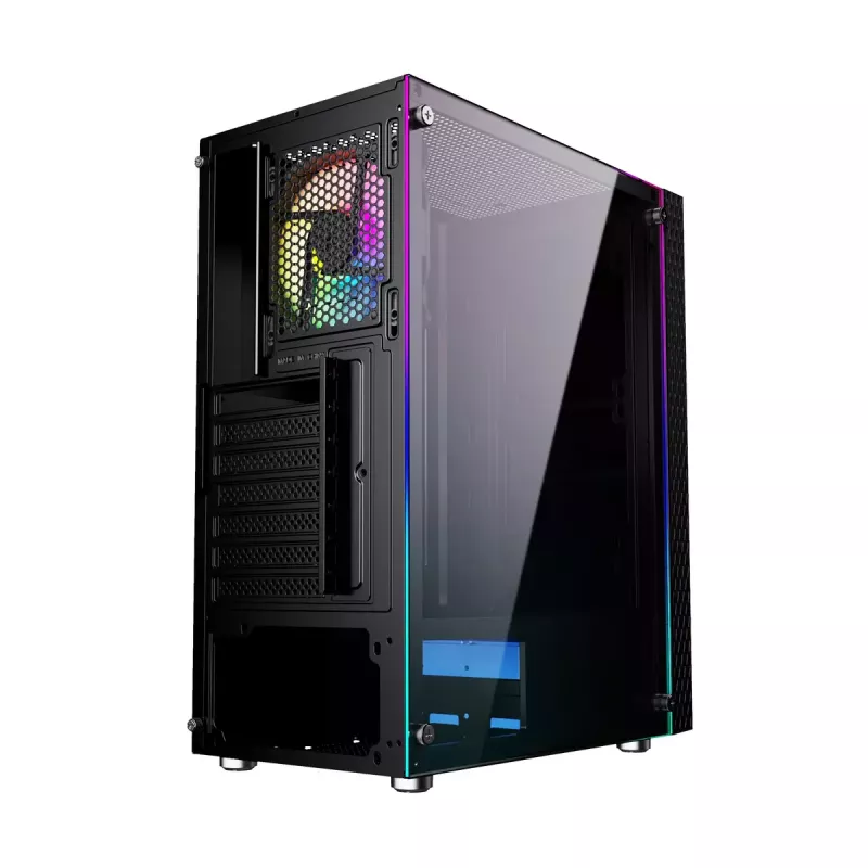 PC korpuss GEMBIRD Fornax 2500 Midi Tornis Melns — ATX/ITX atbalsts, rūdīts stikls, RGB, 3x120mm priekšā, 2x2.5 collu nodalījumi