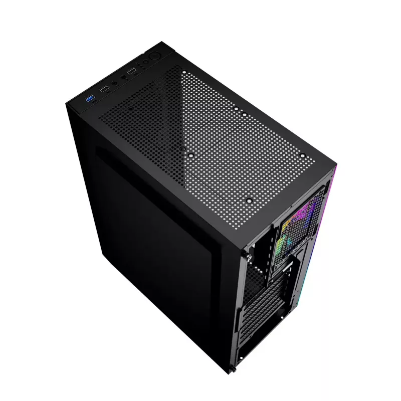 PC korpuss GEMBIRD Fornax 2500 Midi Tornis Melns — ATX/ITX atbalsts, rūdīts stikls, RGB, 3x120mm priekšā, 2x2.5 collu nodalījumi