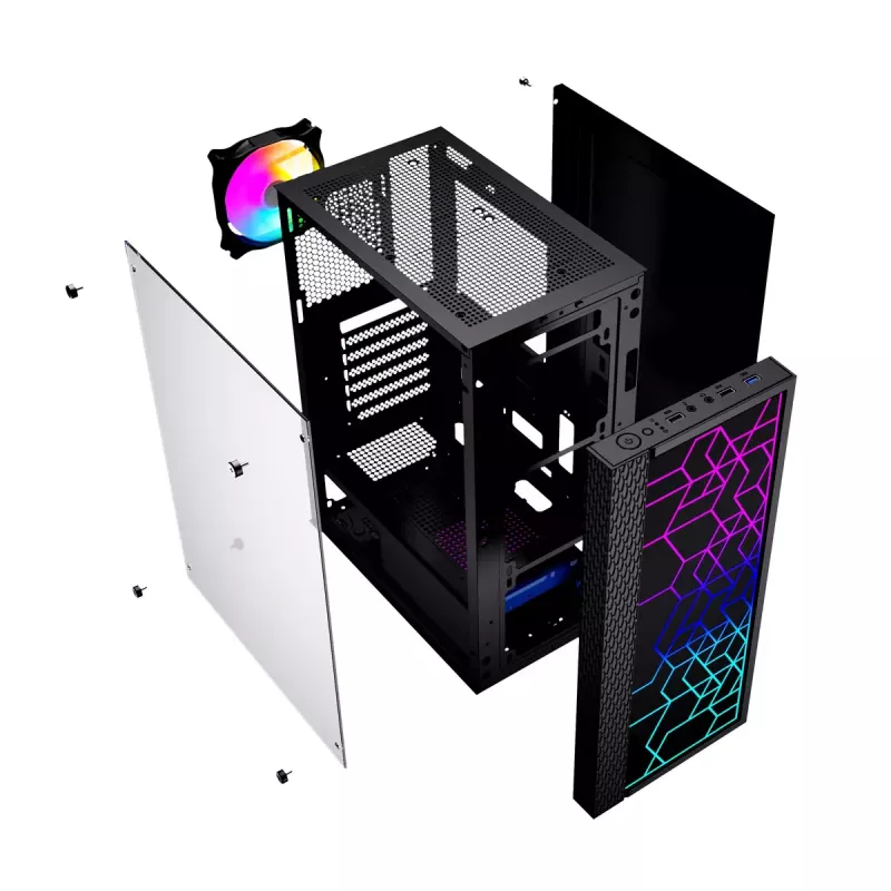 PC korpuss GEMBIRD Fornax 2500 Midi Tornis Melns — ATX/ITX atbalsts, rūdīts stikls, RGB, 3x120mm priekšā, 2x2.5 collu nodalījumi