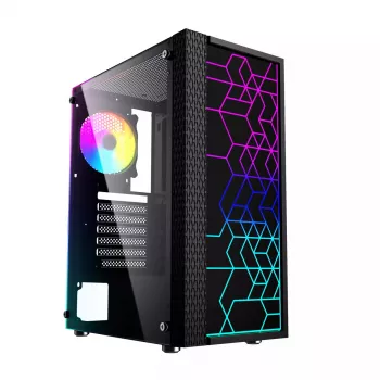 PC korpuss GEMBIRD Fornax 2500 Midi Tornis Melns — ATX/ITX atbalsts, rūdīts stikls, RGB, 3x120mm priekšā, 2x2.5 collu nodalījumi