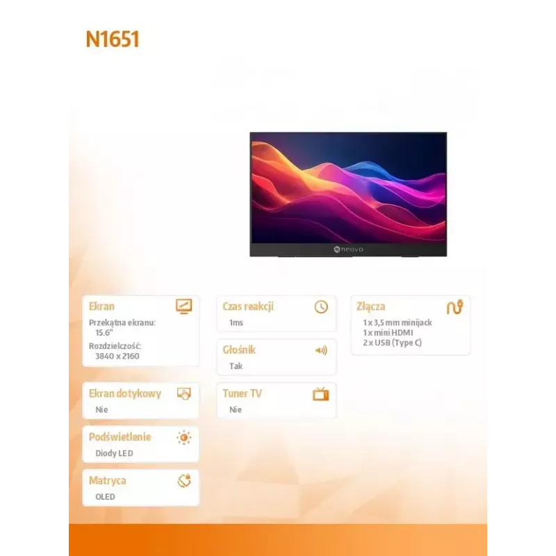 Monitors Neovo N1651 15 collas OLED 4K USB-C mHDMI 400n