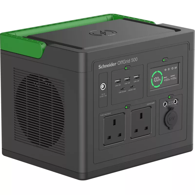 APC SE OffGrid Portable Power Station 500 - Li-Ion akumulators, LCD, 2x UK kontaktligzdas, 3x USB-A, 2x USB-C, 3x 12V, bezvadu lādētājs