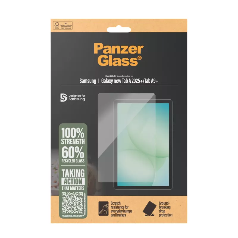 Rūdīta stikla ekrāna aizsargs PanzerGlass Samsung Galaxy Tab A11+ / Tab A9+ — Ultra-Wide Fit, PET, caurspīdīgs