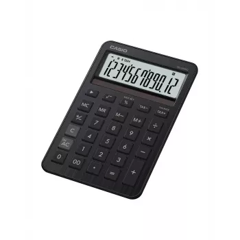 Galda kalkulators CASIO MS-200DQ — pamata, 12 ciparu, baterija/saules enerģija, nodokļu un peļņas funkcijas, melns