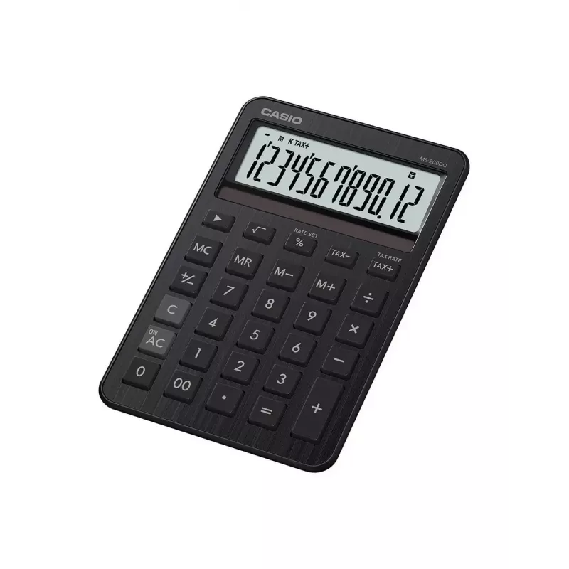 Galda kalkulators CASIO MS-200DQ — pamata, 12 ciparu, baterija/saules enerģija, nodokļu un peļņas funkcijas, melns