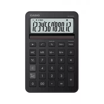 Galda kalkulators CASIO MS-200DQ — pamata, 12 ciparu, baterija/saules enerģija, nodokļu un peļņas funkcijas, melns
