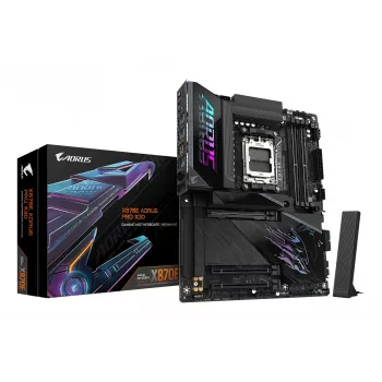 GIGABYTE X870E AORUS PRO X3D ATX mātesplate — AMD Socket AM5, 18+2+2 VRM, DDR5 līdz 9000Hz (OC), 2×PCIe5 + 2×PCIe4, Wi‑Fi 7, 5GbE, USB4