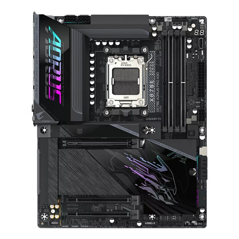 GIGABYTE X870E AORUS PRO X3D ATX mātesplate — AMD Socket AM5, 18+2+2 VRM, DDR5 līdz 9000Hz (OC), 2×PCIe5 + 2×PCIe4, Wi‑Fi 7, 5GbE, USB4