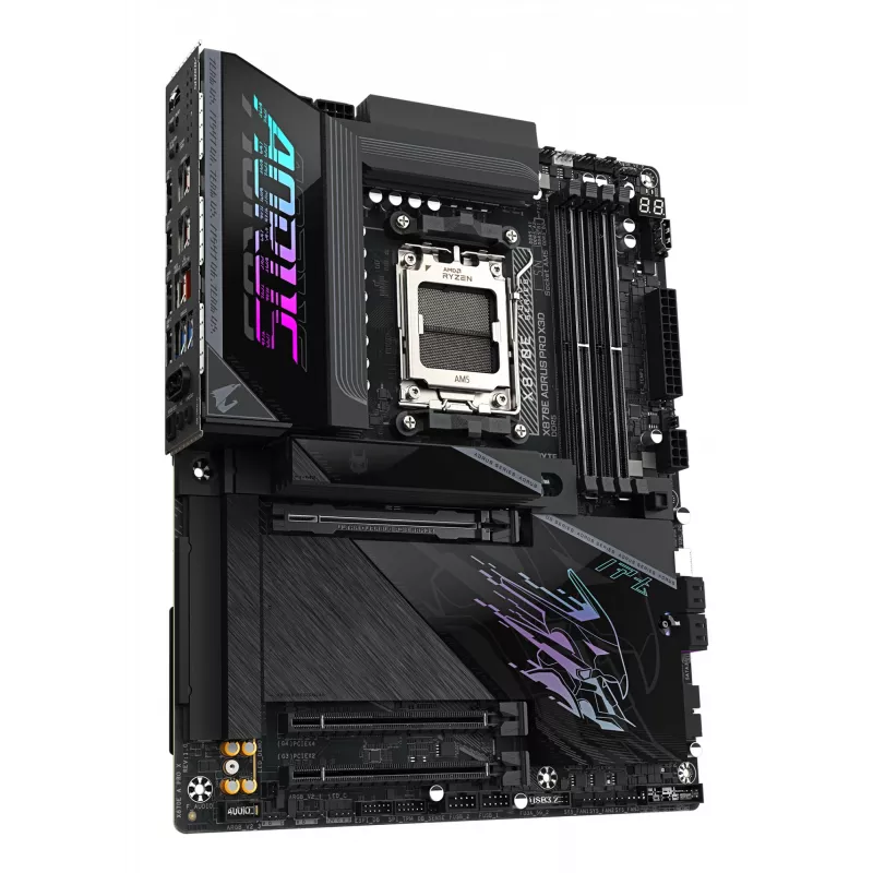 GIGABYTE X870E AORUS PRO X3D ATX mātesplate — AMD Socket AM5, 18+2+2 VRM, DDR5 līdz 9000Hz (OC), 2×PCIe5 + 2×PCIe4, Wi‑Fi 7, 5GbE, USB4