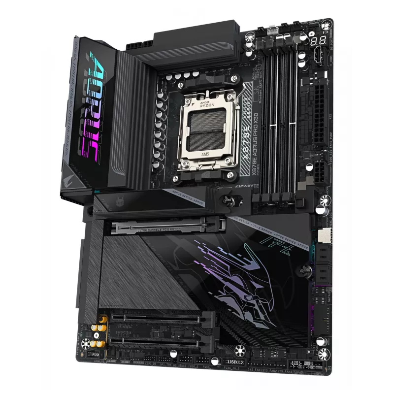GIGABYTE X870E AORUS PRO X3D ATX mātesplate — AMD Socket AM5, 18+2+2 VRM, DDR5 līdz 9000Hz (OC), 2×PCIe5 + 2×PCIe4, Wi‑Fi 7, 5GbE, USB4