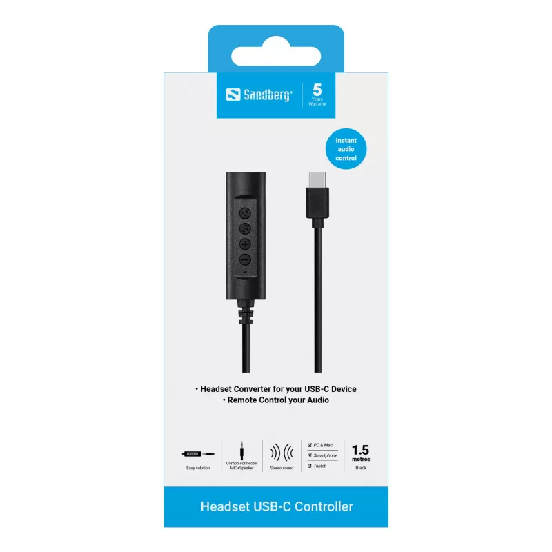 Sandberg Headset USB-C Controller, 1,5 m, kontrolieris, 25 g, melns