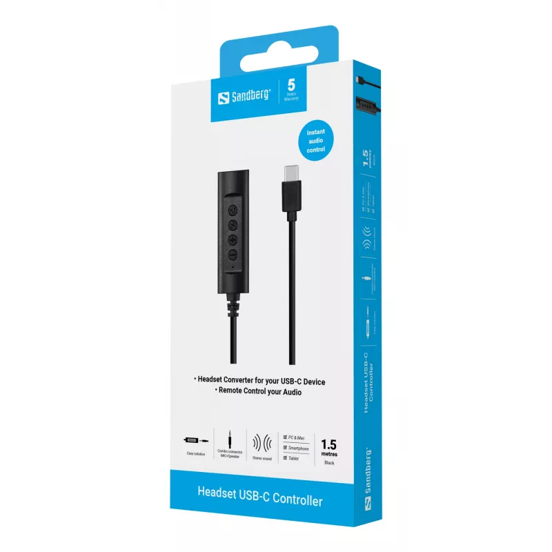 Sandberg Headset USB-C Controller, 1,5 m, kontrolieris, 25 g, melns