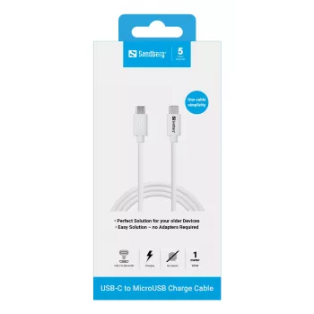 Sandberg USB-C>MicroUSB uzlādes kabelis 1 m, 1 m, USB C, Micro-USB B, balts