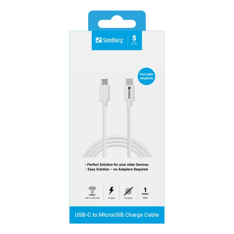 Sandberg USB-C>MicroUSB uzlādes kabelis 1 m, 1 m, USB C, Micro-USB B, balts