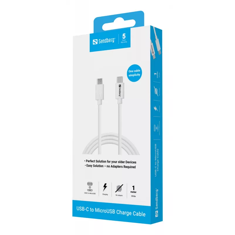 Sandberg USB-C>MicroUSB uzlādes kabelis 1 m, 1 m, USB C, Micro-USB B, balts