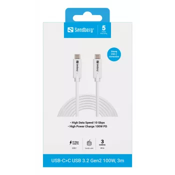 Sandberg USB-C>C USB 3.2 Gen2 100W, 3m, 3 m, USB C, USB C, USB 3.2 Gen 2 (3.1 Gen 2), 10 Gbit/s, Balts