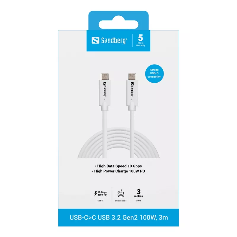 Sandberg USB-C>C USB 3.2 Gen2 100W, 3m, 3 m, USB C, USB C, USB 3.2 Gen 2 (3.1 Gen 2), 10 Gbit/s, Balts