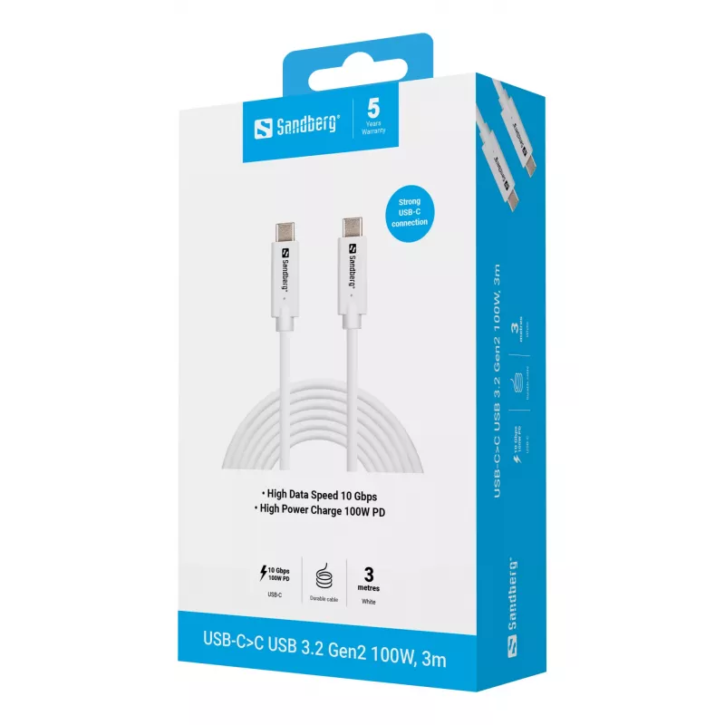 Sandberg USB-C>C USB 3.2 Gen2 100W, 3m, 3 m, USB C, USB C, USB 3.2 Gen 2 (3.1 Gen 2), 10 Gbit/s, Balts