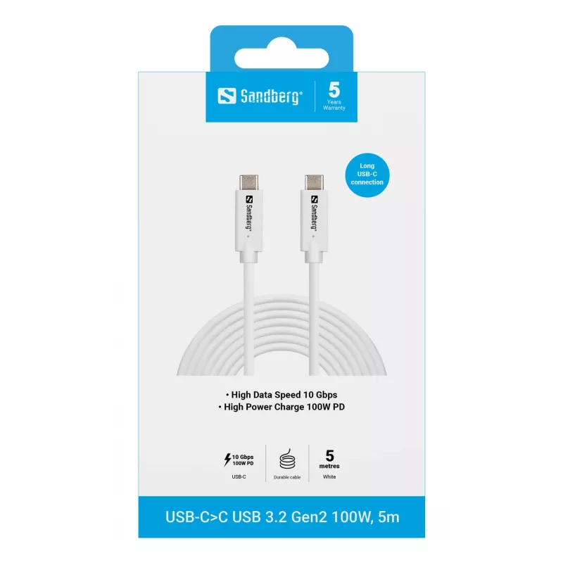 Sandberg USB-C>C USB 3.2 Gen2 100W, 5m, 5 m, USB C, USB C, USB 3.2 Gen 2 (3.1 Gen 2), 10 Gbit/s, Balts