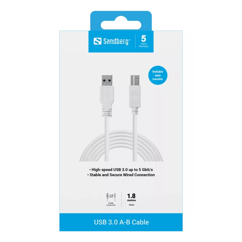 Sandberg USB 3.0 A-B kabelis 1,8 m, 1,8 m, USB A, USB B, USB 3.2 Gen 1 (3.1 Gen 1), 5 Gbit/s, Balta
