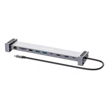 Manhattan USB-C dokstacija/cilnis ar karšu lasītāju un MST, pieslēgvietas (x7): Ethernet, HDMI (x2 4k@60Hz), USB-A (x3) un USB-C, ar Power Delivery (PD) 100 W – nepieciešams ārējs USB-C lādētājs (nav komplektā). Darbojas ar USB strāvu (nav nepieciešams ārējs barošanas avots), kad PD netiek izmantots