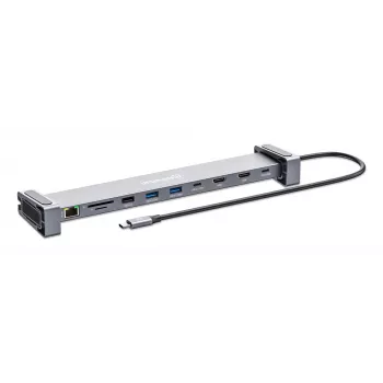 Manhattan USB-C dokstacija/cilnis ar karšu lasītāju un MST, pieslēgvietas (x7): Ethernet, HDMI (x2 4k@60Hz), USB-A (x3) un USB-C, ar Power Delivery (PD) 100 W – nepieciešams ārējs USB-C lādētājs (nav komplektā). Darbojas ar USB strāvu (nav nepieciešams ārējs barošanas avots), kad PD netiek izmantots