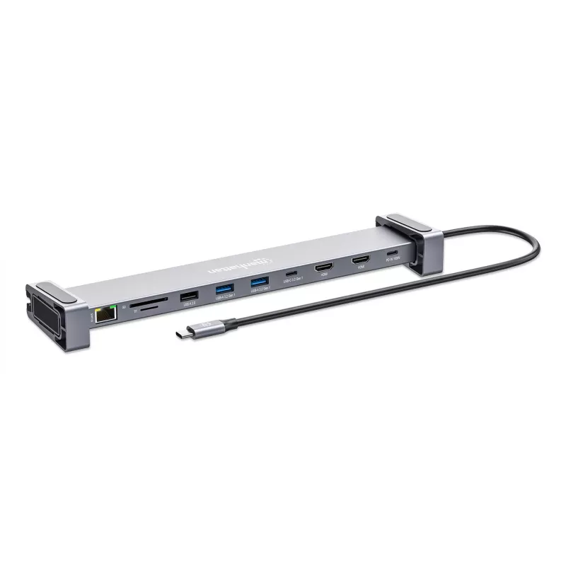 Manhattan USB-C dokstacija/cilnis ar karšu lasītāju un MST, pieslēgvietas (x7): Ethernet, HDMI (x2 4k@60Hz), USB-A (x3) un USB-C, ar Power Delivery (PD) 100 W – nepieciešams ārējs USB-C lādētājs (nav komplektā). Darbojas ar USB strāvu (nav nepieciešams ārējs barošanas avots), kad PD netiek izmantots
