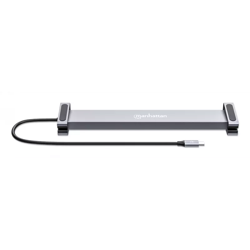 Manhattan USB-C dokstacija/cilnis ar karšu lasītāju un MST, pieslēgvietas (x7): Ethernet, HDMI (x2 4k@60Hz), USB-A (x3) un USB-C, ar Power Delivery (PD) 100 W – nepieciešams ārējs USB-C lādētājs (nav komplektā). Darbojas ar USB strāvu (nav nepieciešams ārējs barošanas avots), kad PD netiek izmantots