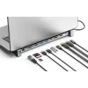 Manhattan USB-C dokstacija/cilnis ar karšu lasītāju un MST, pieslēgvietas (x7): Ethernet, HDMI (x2 4k@60Hz), USB-A (x3) un USB-C, ar Power Delivery (PD) 100 W – nepieciešams ārējs USB-C lādētājs (nav komplektā). Darbojas ar USB strāvu (nav nepieciešams ārējs barošanas avots), kad PD netiek izmantots