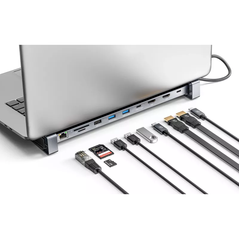 Manhattan USB-C dokstacija/cilnis ar karšu lasītāju un MST, pieslēgvietas (x7): Ethernet, HDMI (x2 4k@60Hz), USB-A (x3) un USB-C, ar Power Delivery (PD) 100 W – nepieciešams ārējs USB-C lādētājs (nav komplektā). Darbojas ar USB strāvu (nav nepieciešams ārējs barošanas avots), kad PD netiek izmantots