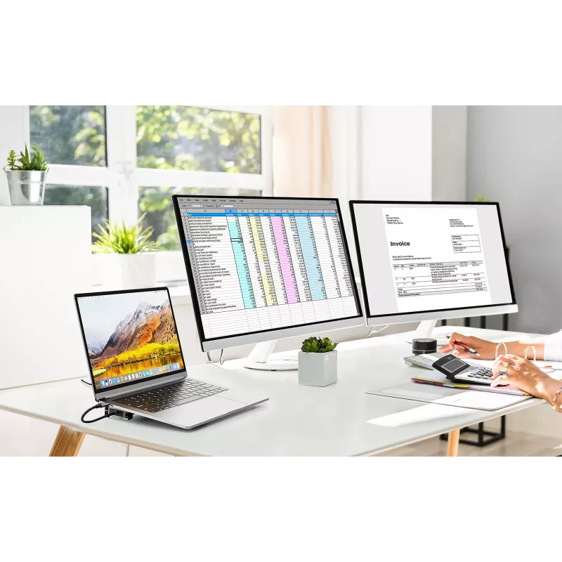 Manhattan USB-C dokstacija/cilnis ar karšu lasītāju un MST, pieslēgvietas (x7): Ethernet, HDMI (x2 4k@60Hz), USB-A (x3) un USB-C, ar Power Delivery (PD) 100 W – nepieciešams ārējs USB-C lādētājs (nav komplektā). Darbojas ar USB strāvu (nav nepieciešams ārējs barošanas avots), kad PD netiek izmantots