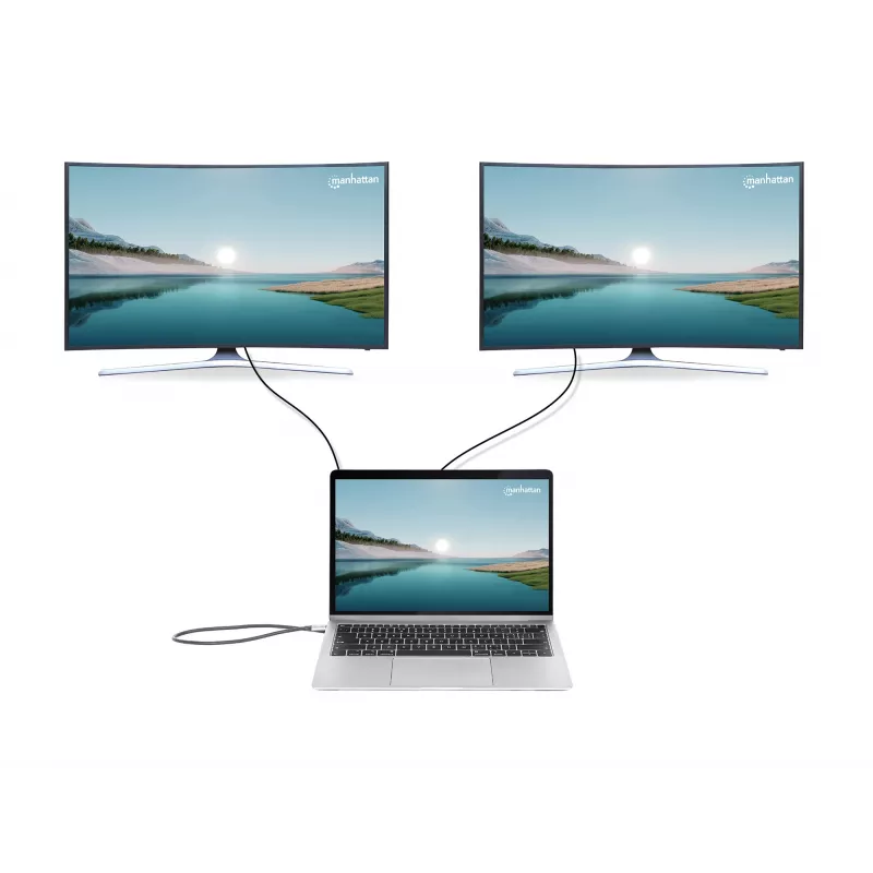 Manhattan USB-C dokstacija/cilnis ar karšu lasītāju un MST, pieslēgvietas (x7): Ethernet, HDMI (x2 4k@60Hz), USB-A (x3) un USB-C, ar Power Delivery (PD) 100 W – nepieciešams ārējs USB-C lādētājs (nav komplektā). Darbojas ar USB strāvu (nav nepieciešams ārējs barošanas avots), kad PD netiek izmantots