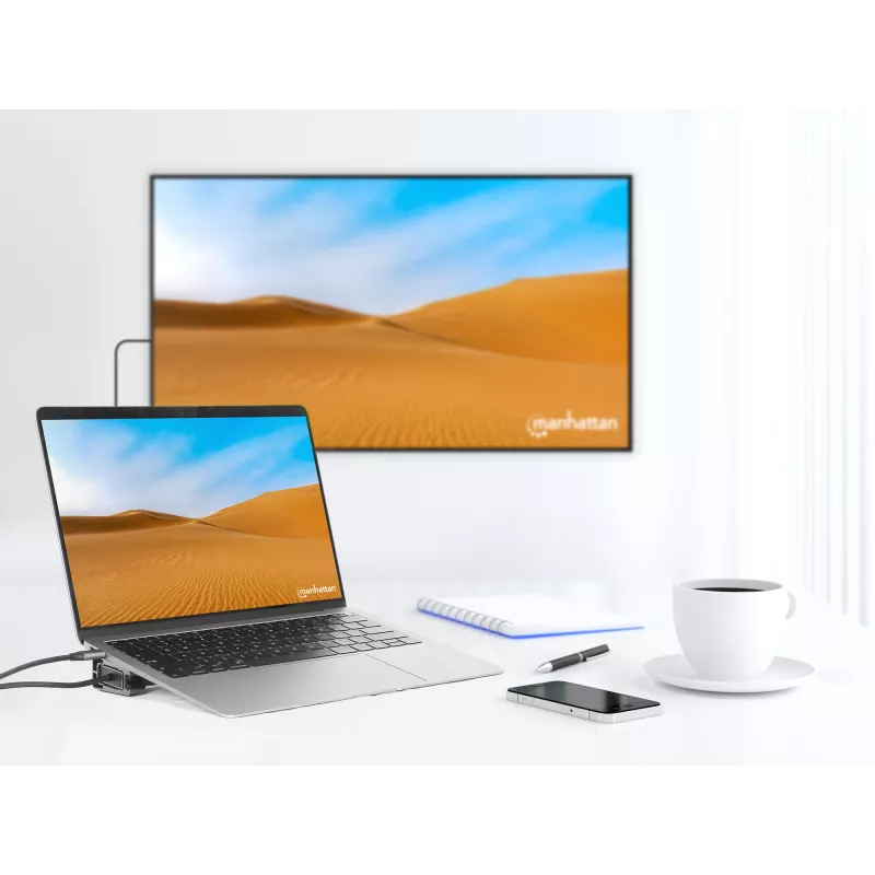 Manhattan USB-C dokstacija/cilnis ar karšu lasītāju un MST, pieslēgvietas (x7): Ethernet, HDMI (x2 4k@60Hz), USB-A (x3) un USB-C, ar Power Delivery (PD) 100 W – nepieciešams ārējs USB-C lādētājs (nav komplektā). Darbojas ar USB strāvu (nav nepieciešams ārējs barošanas avots), kad PD netiek izmantots