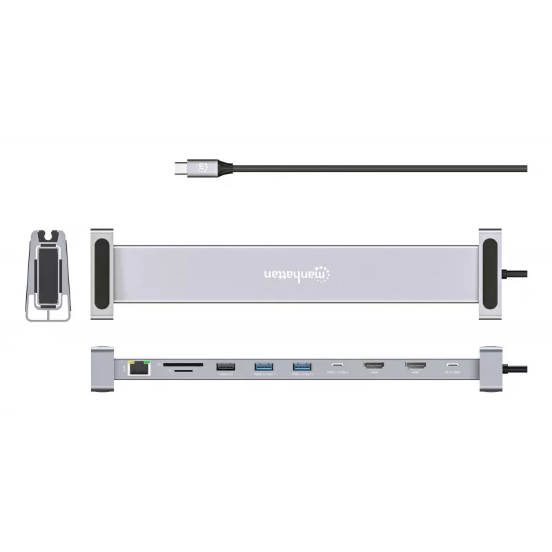 Manhattan USB-C dokstacija/cilnis ar karšu lasītāju un MST, pieslēgvietas (x7): Ethernet, HDMI (x2 4k@60Hz), USB-A (x3) un USB-C, ar Power Delivery (PD) 100 W – nepieciešams ārējs USB-C lādētājs (nav komplektā). Darbojas ar USB strāvu (nav nepieciešams ārējs barošanas avots), kad PD netiek izmantots