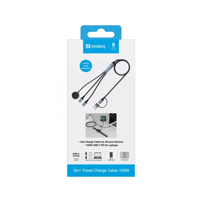 Sandberg 3-in-1 ceļojumu uzlādes kabelis 100 W, 1,2 m, USB A/USB C, melns