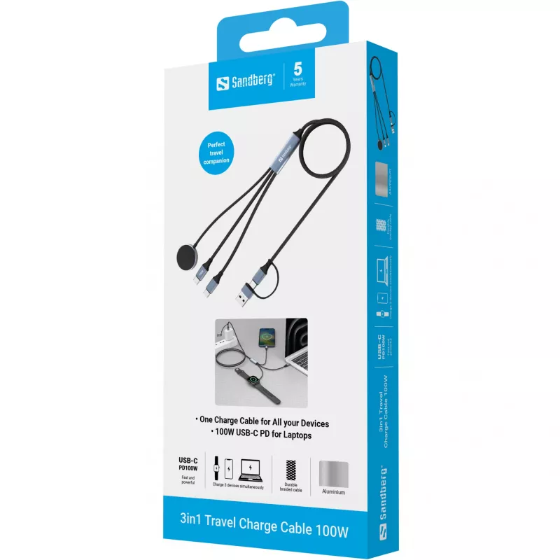 Sandberg 3-in-1 ceļojumu uzlādes kabelis 100 W, 1,2 m, USB A/USB C, melns