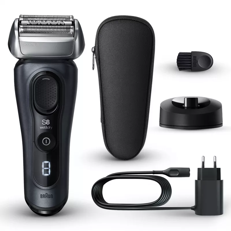 Braun Series 8 8513s mitrā un sausā skuveklis ar uzlādes statīvu un ceļojumu somiņu, fjordu pelēks