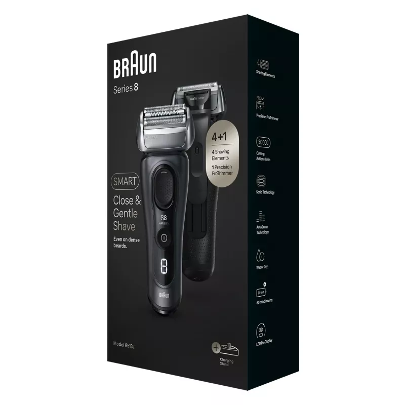 Braun Series 8 8513s mitrā un sausā skuveklis ar uzlādes statīvu un ceļojumu somiņu, fjordu pelēks