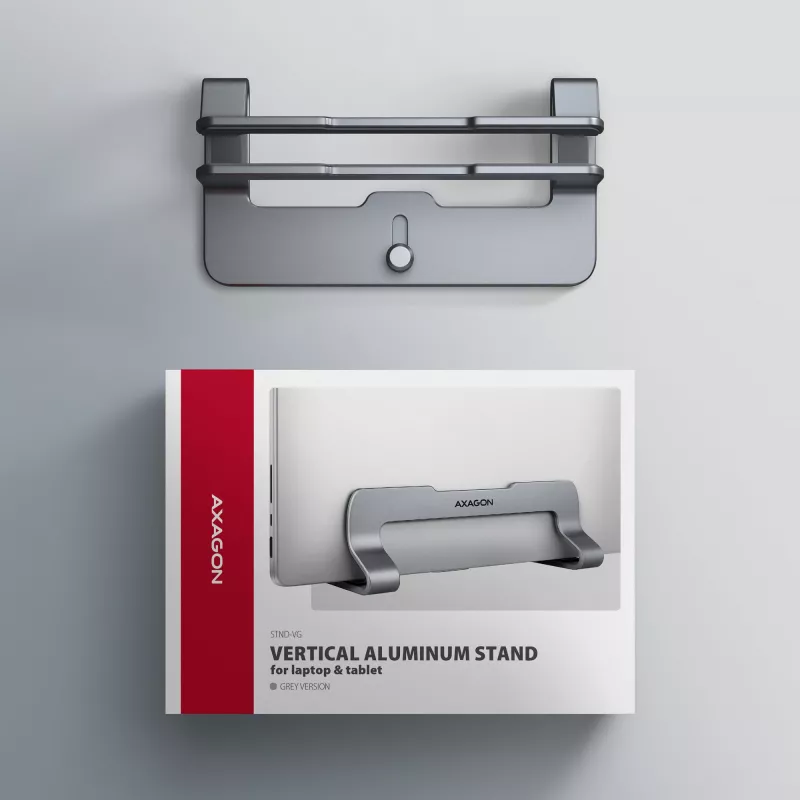 Axagon STND-VG alumīnija statīvs vertikālai klēpjdatoru ievietošanai 10 collas–17,3 collas. Regulējams spraugas platums 9,5–25,5 mm. Pelēkā versija.