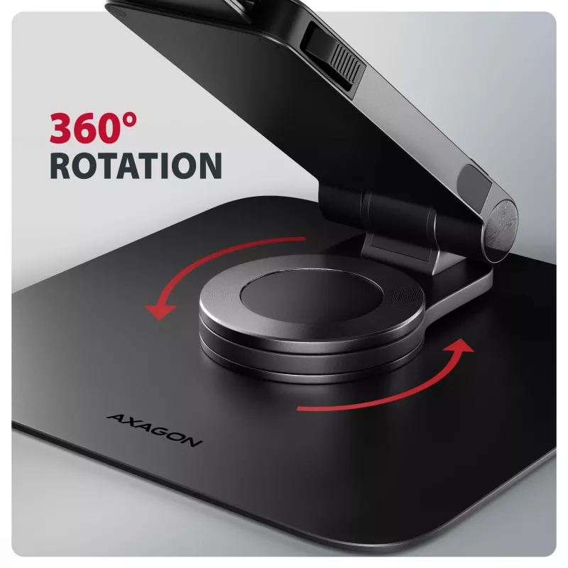 AXAGON STND-LRB klēpjdatora statīvs — alumīnija, 360° rotācija, 10 collu–17,3 collu ierīcēm, regulējams augstums līdz 26 cm, slīpums 0–180°, melns