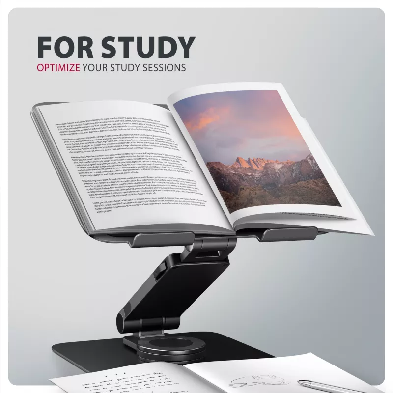 AXAGON STND-LRB klēpjdatora statīvs — alumīnija, 360° rotācija, 10 collu–17,3 collu ierīcēm, regulējams augstums līdz 26 cm, slīpums 0–180°, melns