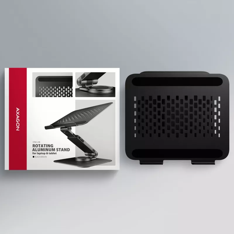 AXAGON STND-LRB klēpjdatora statīvs — alumīnija, 360° rotācija, 10 collu–17,3 collu ierīcēm, regulējams augstums līdz 26 cm, slīpums 0–180°, melns