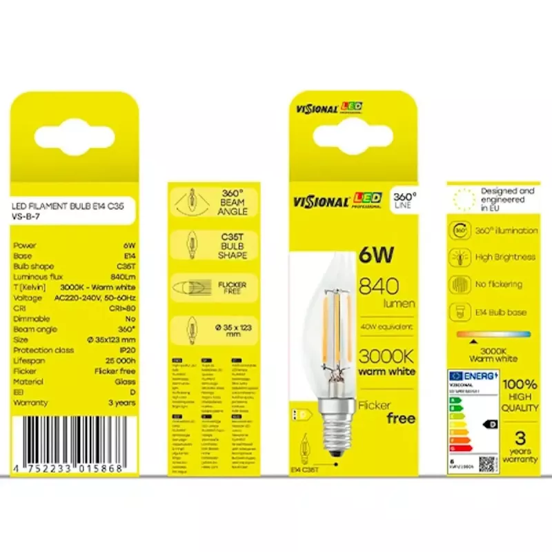 LED spuldze VISIONAL VS-B-7 6W, 840 lm, 3000K